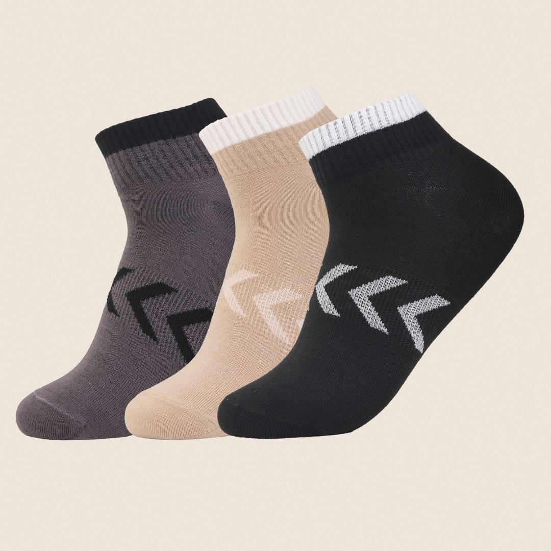 Men's ankle socks pack of 3 in grey, beige, and black with arrow design breathable cotton