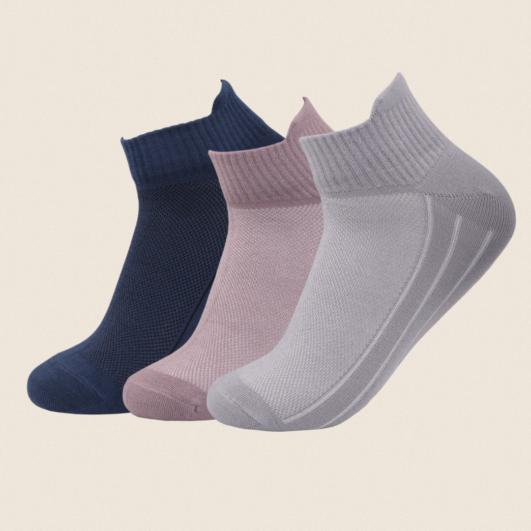 Men's ankle socks pack in navy blue, light pink, and grey breathable cotton
