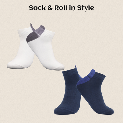 Durable men’s ankle socks in navy blue and white, pack of 2