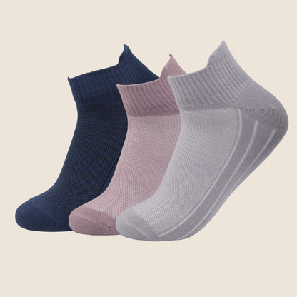 Men's ankle socks pack in navy blue, light pink, and grey breathable cotton