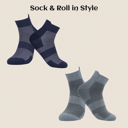 Side view of men’s breathable ankle sports socks navy and grey pack of 2