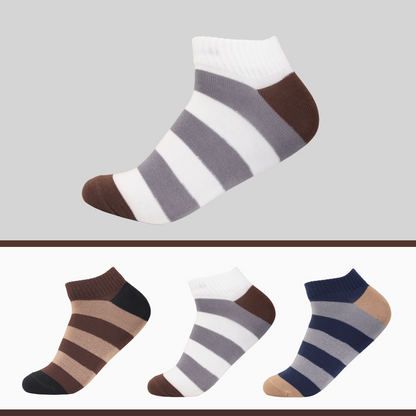 Men's striped ankle socks pack of 3 in grey, navy, and brown casual cotton blend