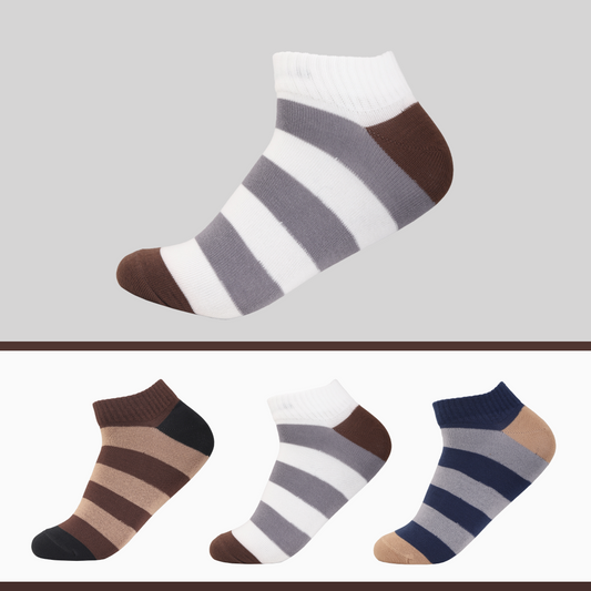 Men's striped ankle socks pack of 3 in grey, navy, and brown casual cotton blend