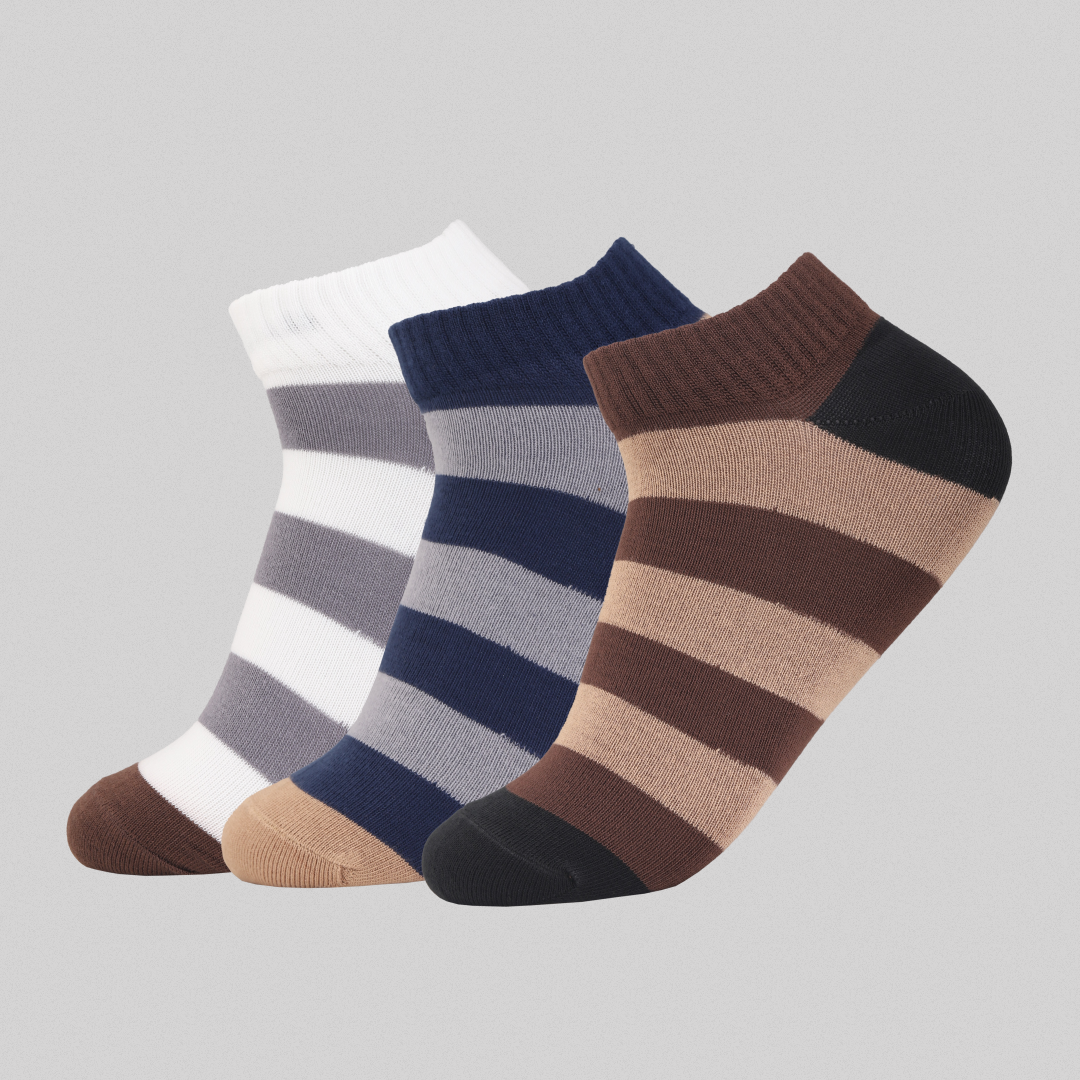 Front view of unisex striped ankle socks – pack of 3 multicolor cotton blend