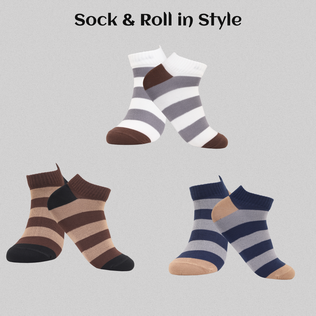 Lifestyle photo showing striped unisex ankle socks paired with sneakers